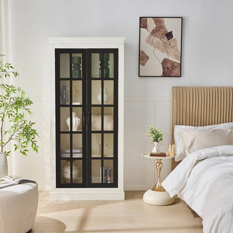 71.2" Curio Display Cabinet, Storage Shelves with Glass Door - White & Black