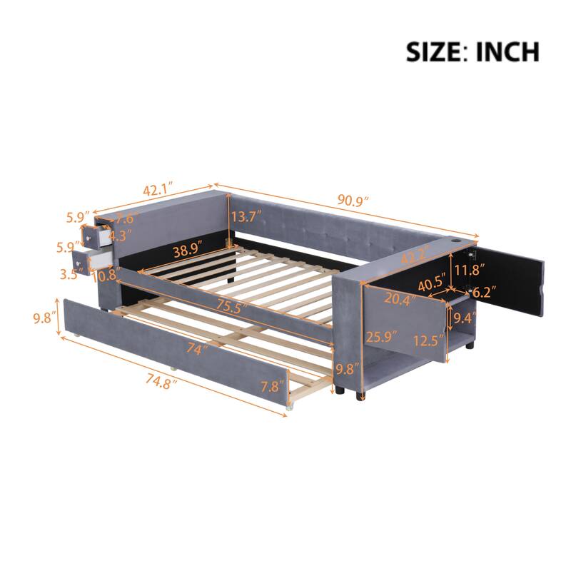 Twin Velvet Upholstered Platform Bed with Trundle, USB Charging, Storage Drawers, Beige/Gray