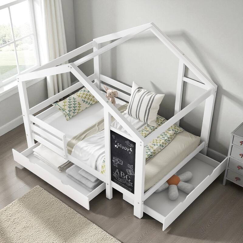 Twin/Full House Bed with Blackboard and Storage Drawers, Kids Wood Bed with Two Assembly Options and Safety Rails
