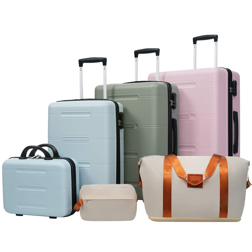 6 Piece Luggage Set, with Double Spinner Wheels Handle Password Lock, 14 IN Cosmetic Case 20/24/28 IN Luggages with Bag