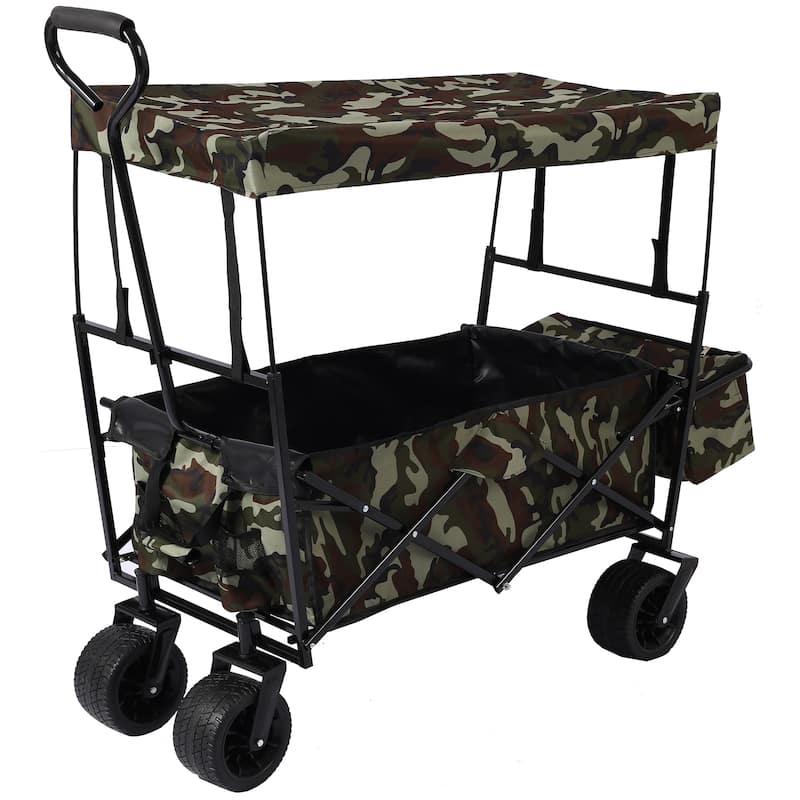 Outdoor Camping Kids Foldable Wagon,Portable Beach Trolley Cart with Removable Canopy - Black