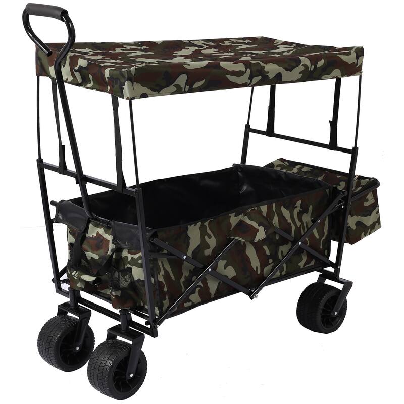 Outdoor Camping Kids Foldable Wagon,Portable Beach Trolley Cart with Removable Canopy - Black