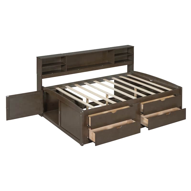 Full Size Daybed with Storage Bookcase and 4 Drawers, Wood Daybed Frame Sofa Bed with Upper Shelves and 2 Bedside Cabinets