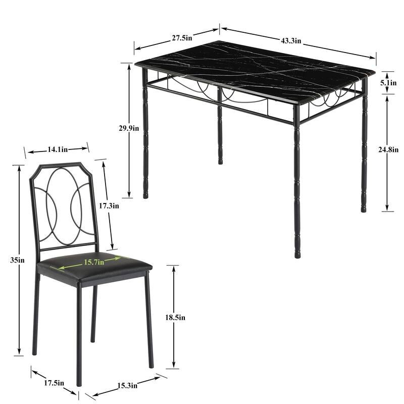 VECELO 5-Piece Black Dining Set Marble Pattern MDF Table with 4 PU Leather Chairs Roman Column Legs for Home Living Room