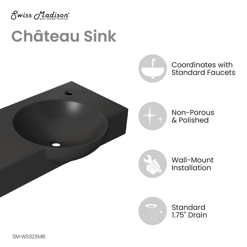 Chateau 30" Right Side Faucet Wall-Mount Bathroom Sink In Matte Black - 29.53" x 13.72" x 4.53"