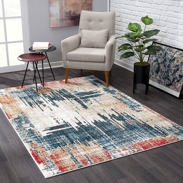 7' x 9' Blue and Red Mod Distressed Area Rug - 3'6