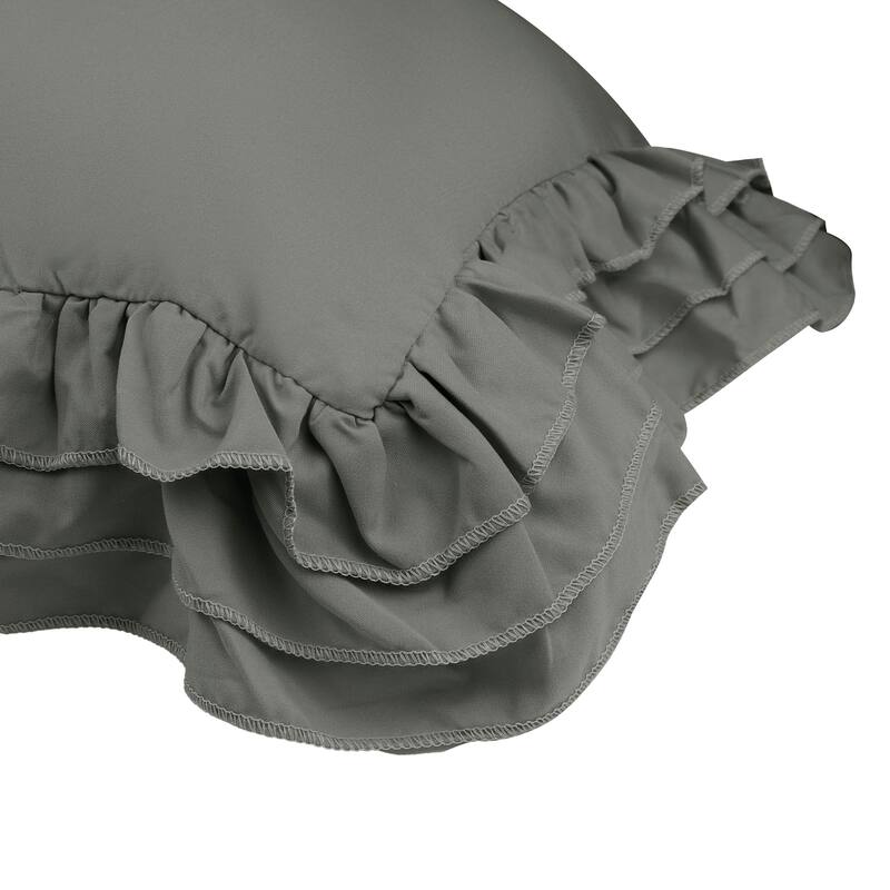 Triple Ruffle Pillowcases, Set of 2 Pillow Covers, Bedding Pillow Shams with Envelope Closure - Grey