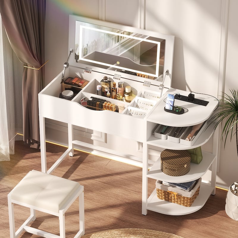 Flip Top Vanity Desk with LED Mirror and Charging Station, Modern Makeup Table with Hiden Storage - White
