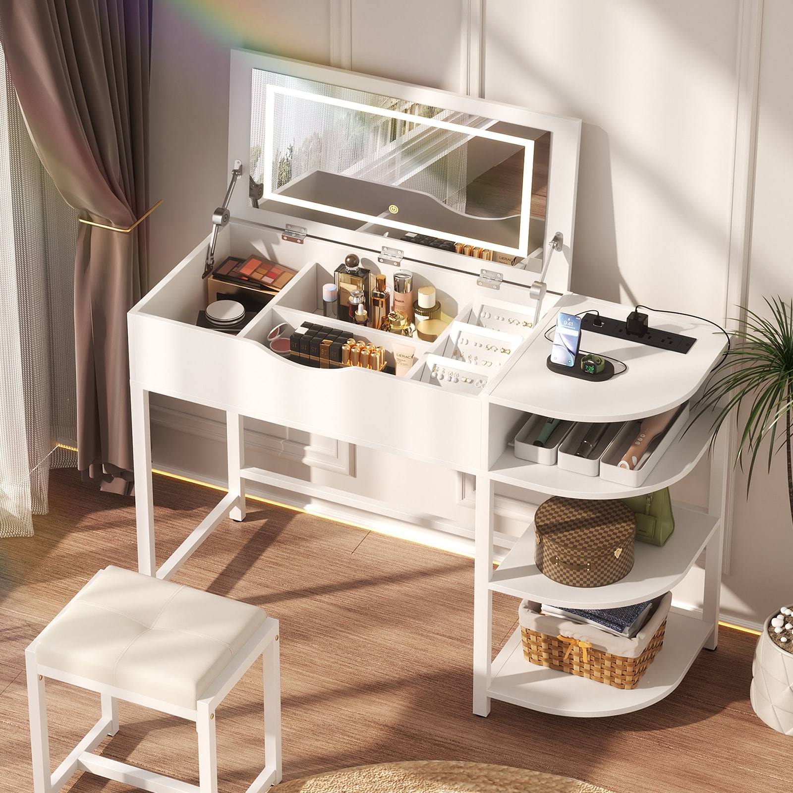 Flip Top Vanity Desk with LED Mirror and Charging Station, Modern Makeup Table with Hidden Storage