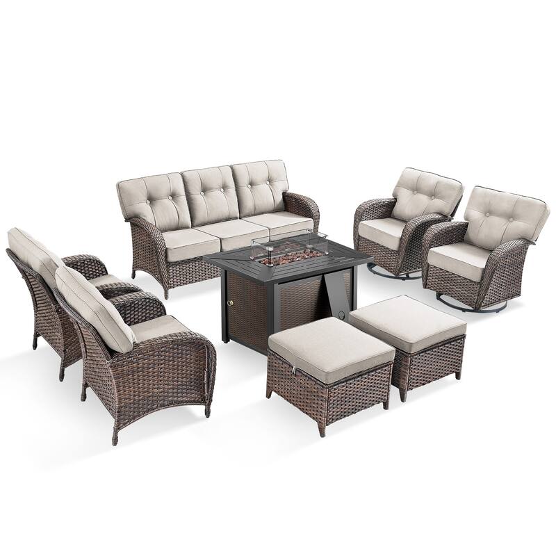 Pocassy Outdoor 43 In Fire Table with Sofa Patio Swivel Chair Set