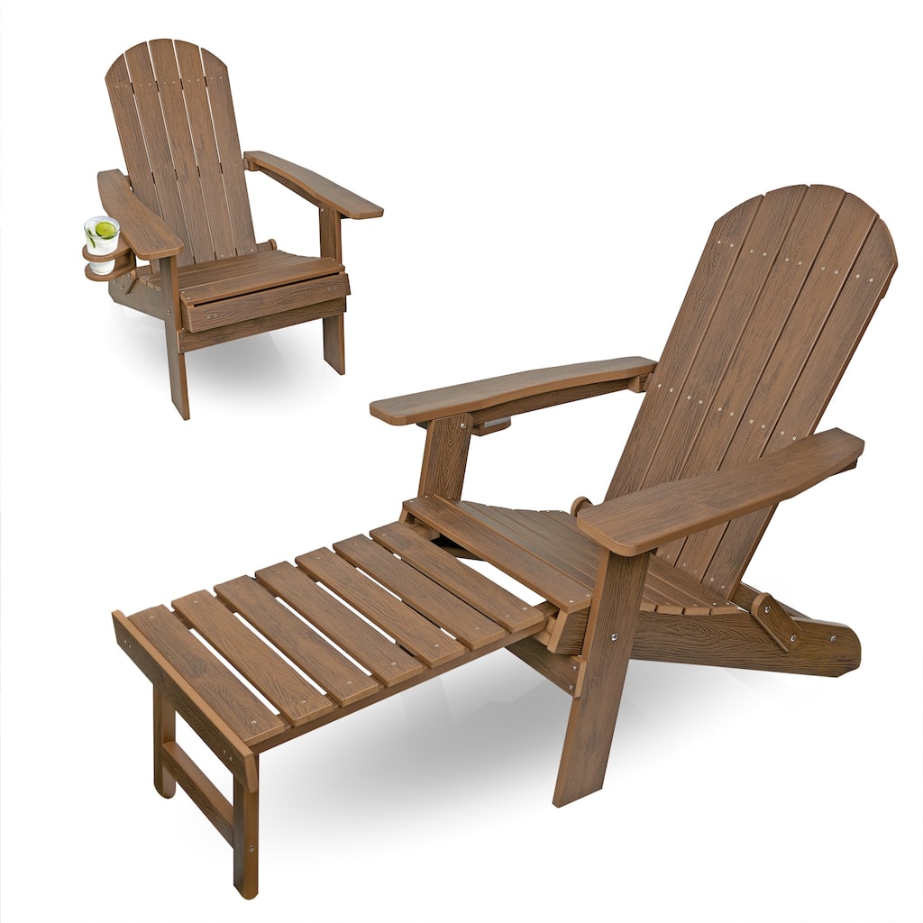 Dk. Teak Folding Adirondack Chair w/Cup Holder and Ottoman