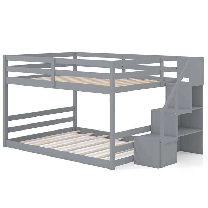 Costway Full Over Full Low Bunk Bed with Storage Stairs with