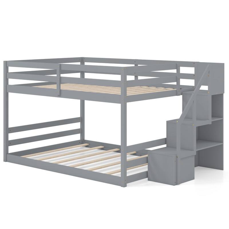 Full Over Full Wooden Bunk Bed with Storage Stairs and Guardrails White Gray Pine Frame for Kids and Adults