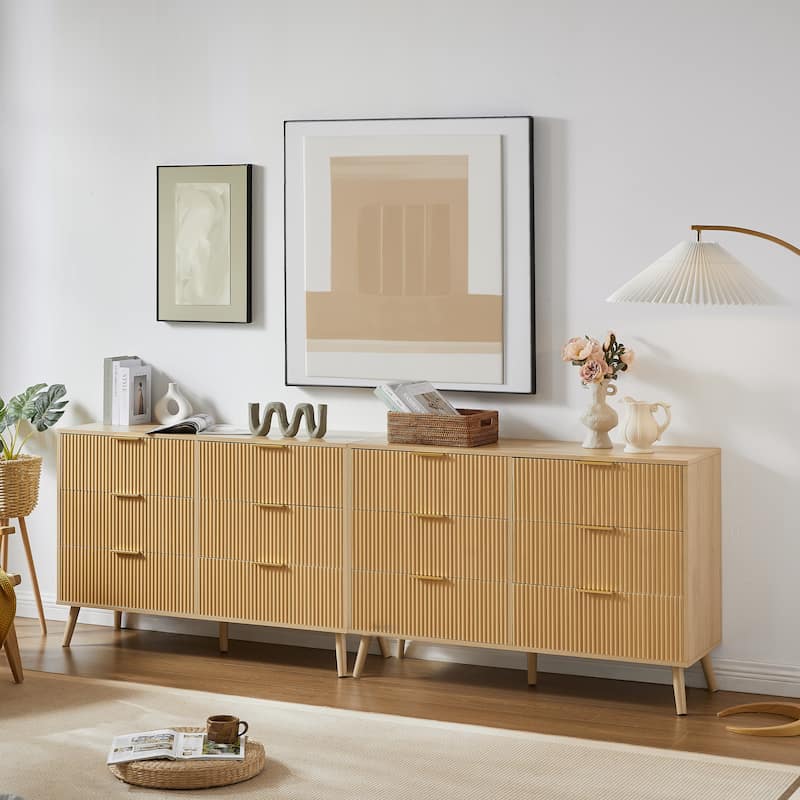 Anmytek Natural Wooden 6-Drawer Double Dresser with Wavy Drawers