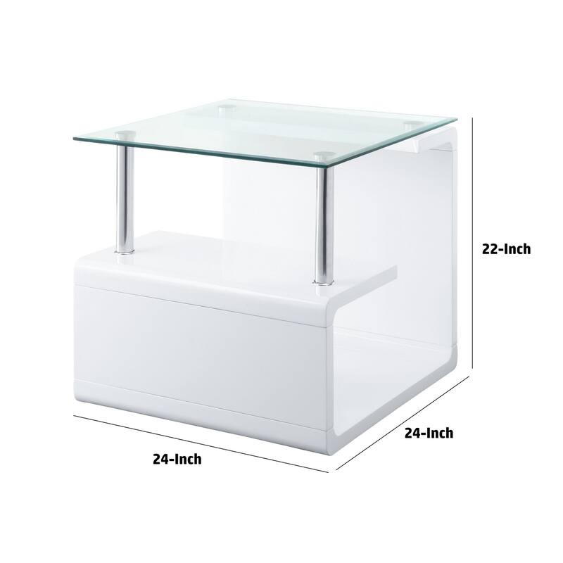 24 Inch Square Accent End Table, Glass Top, Open Shelf, White, Chrome - 24 L x 24 W x 22 H Inches