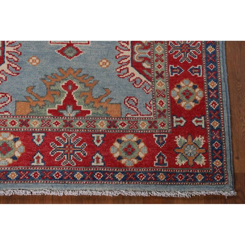 Light Blue Geometric Kazak Rug Handmade Traditional Wool Carpet - 3'0" x 4'11"