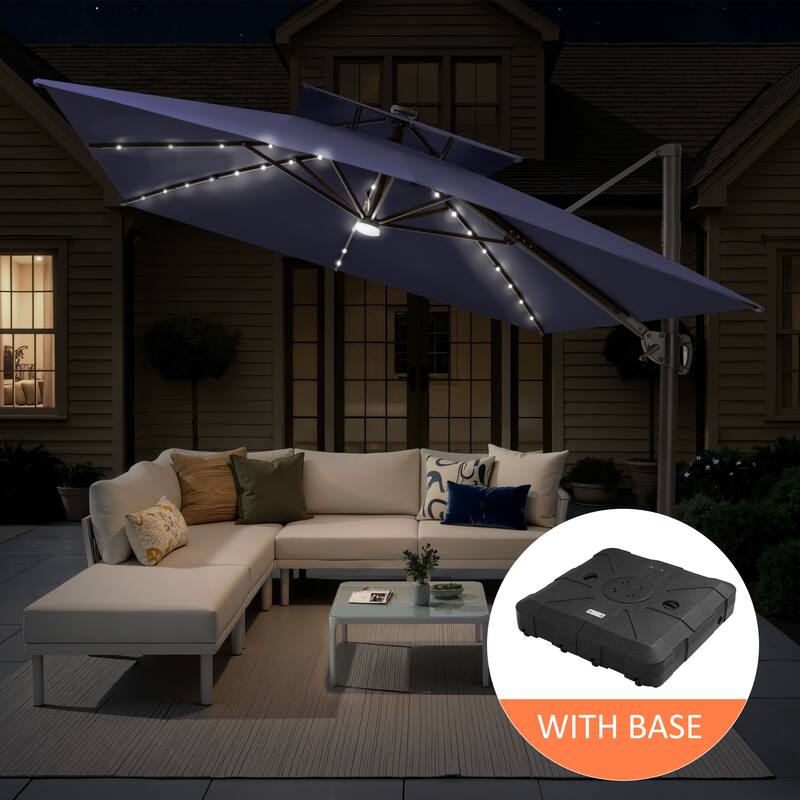 12 x 9 FT Outdoor Patio Aluminum Cantilever Umbrella with Solar Lights Double Canopy with Wheel Base - NavyBlue