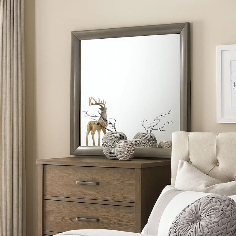 Transition Style Wooden Mirror with Rectangular Shape,Gray and Silver