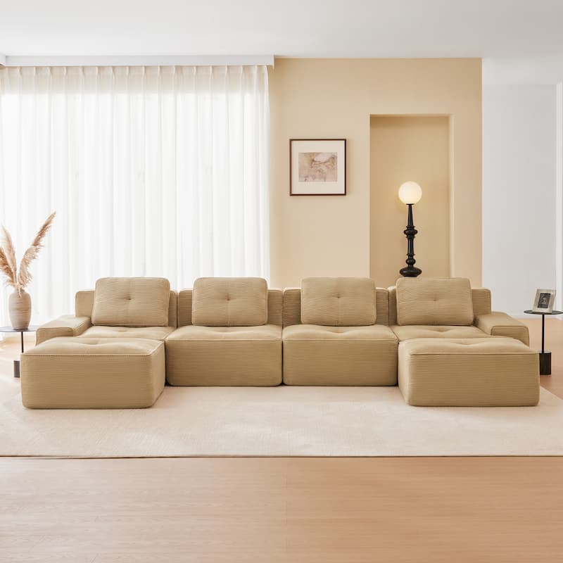 Roomfitters No Assembly Modular Sofa, 117 Inch Corduroy 3-Seater with Piping, Camel