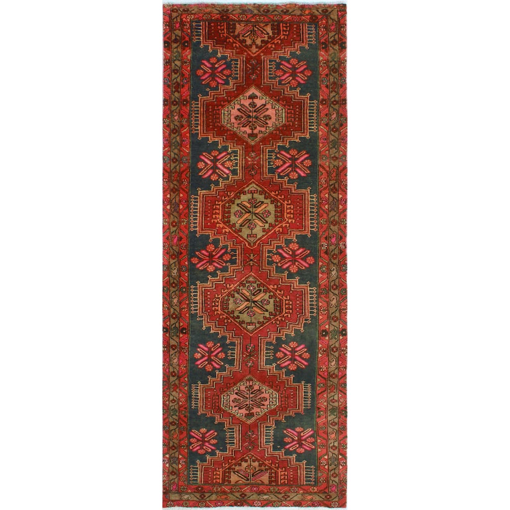 Fine Vintage Distressed Annie Red/Charcoal Runner - 3'7" x 10'2"