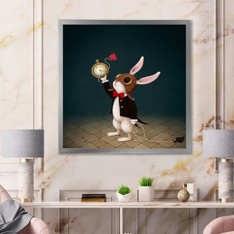 Designart "White Rabbit Alice In Wonderland I" Children's Art Framed Art Print - 36 In. Wide x 36 In. High - Silver