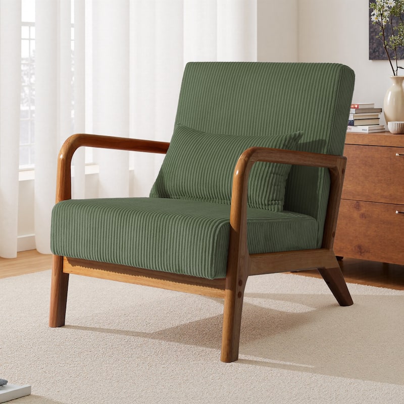 25" W Mid Century Upholstered Wood Accent Chair with Pillow - Dark Wood - Grey Green