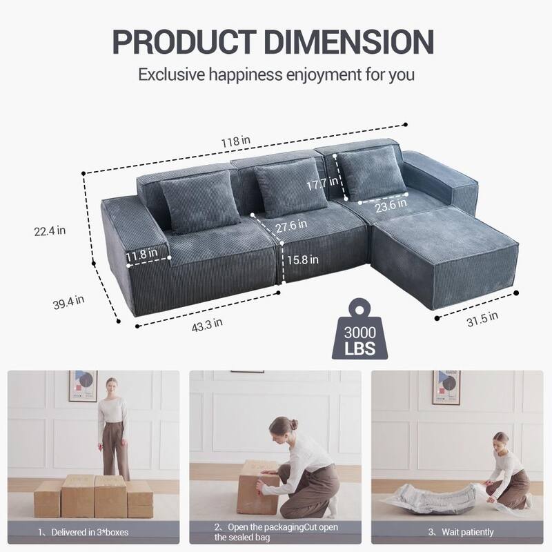118Inch Modular Grey Soft Corduroy Cloud Velvet Fabric Free Conversion Sofa with Footrest