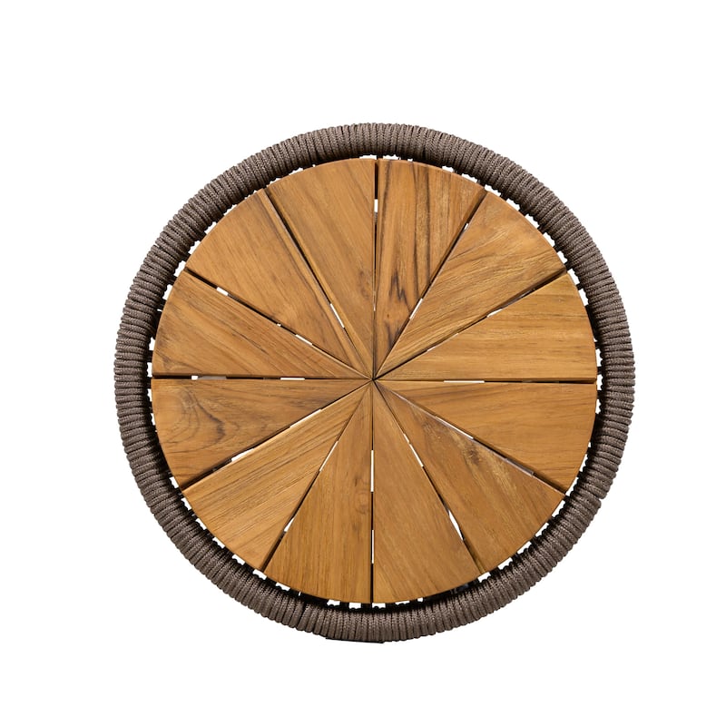 Roomfitters 25.8" Outdoor Side Table Modern Woven Rope Hourglass Patio Accent Table with Teak Wood Finish Top