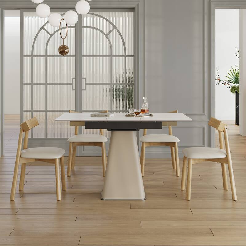 Retractable Rock Slab Dining Table Set, Modern 5-Piece Expandable Table with 4 Wooden Leg Chairs & Leather-Wrapped Base