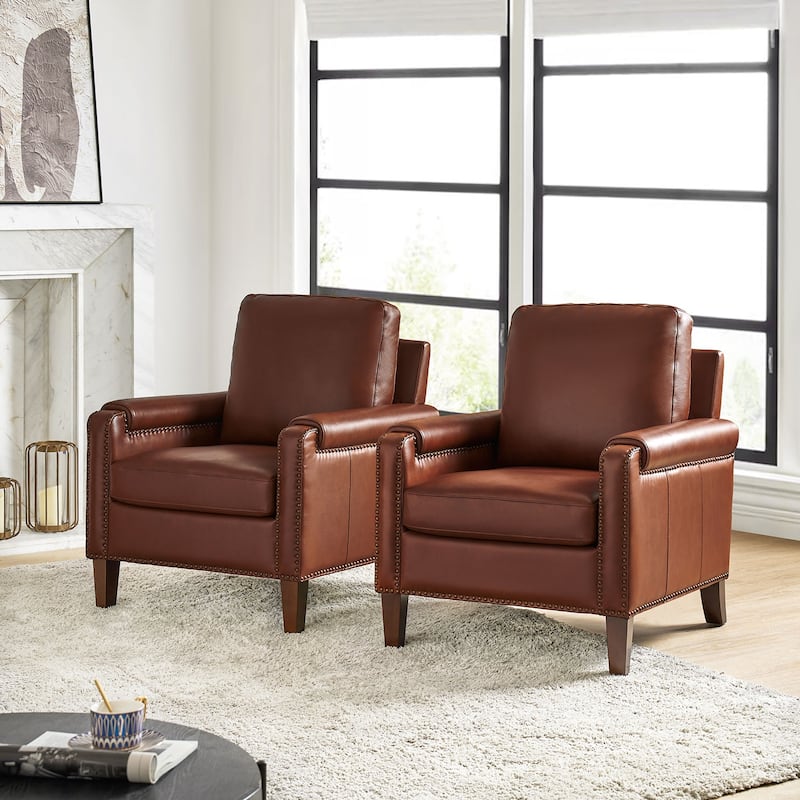 Kunz Transitional Genuine Leather Accent Chair with Removable Cushion and Nailhead Trims Set of 2 by HULALA HOME