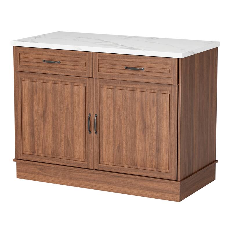 EROMMY 48" Kitchen Island Cabinet with Marble Countertop, Walnut Finish, 2 Drawers & 2 Cabinets