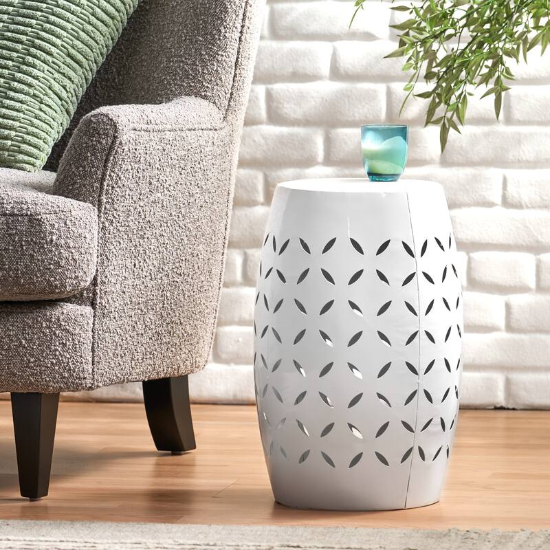 12.25" Modern Round Side Table with Barrel Structure and Iron-cut Design for Living Room or Bedroom