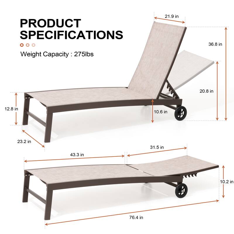 Outdoor Adjustable Chaise Lounge Chairs with Wheels Aluminum Sun Lounger
