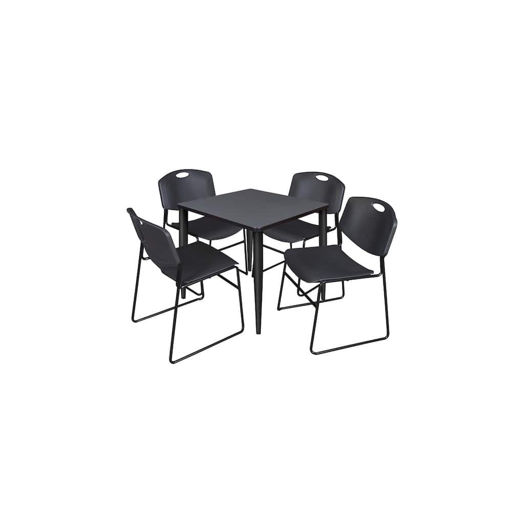 30 in. Square Breakroom Table- Grey Top, Black Base & 4 Stack Chairs- Black - Grey, Black