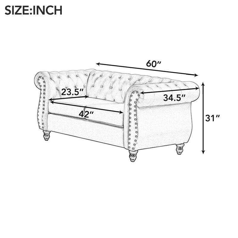 60" modern sofa Dutch plush upholstered sofa, solid wood legs, buttoned tufted backrest, blue