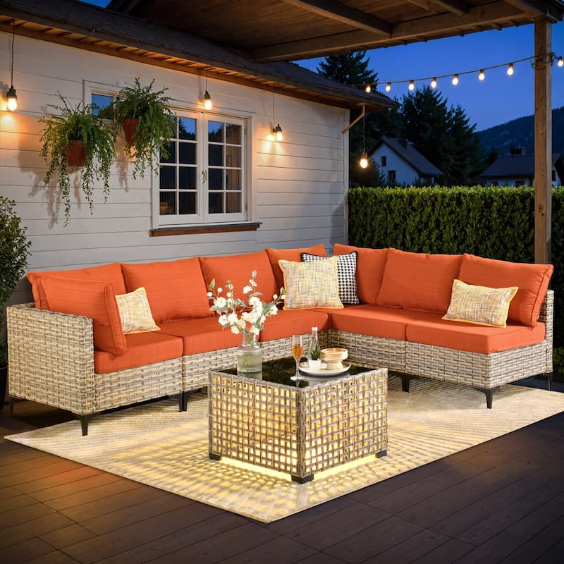 XIZZI 7-piece Outdoor Patio Furniture Rattan Wicker Modular Sofa Set with Table - Red/Orange