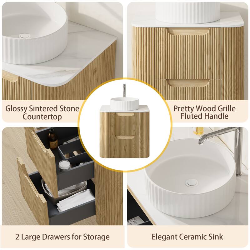 24" Floating Bathroom Vanities with Single Sink,Natural Wood Texture