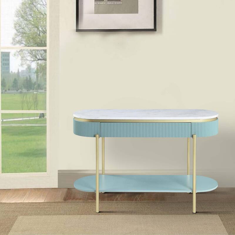 Ville 48 Inch Sofa Console Table, White Faux Marble Top, Teal Reeded Edge