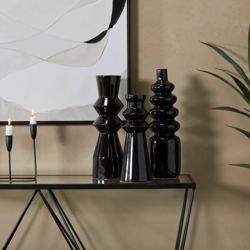 CosmoLiving by Cosmopolitan Minimalist Ceramic Vase with Bubble and Fluted Texture Designs (Set of 3) - White or Black