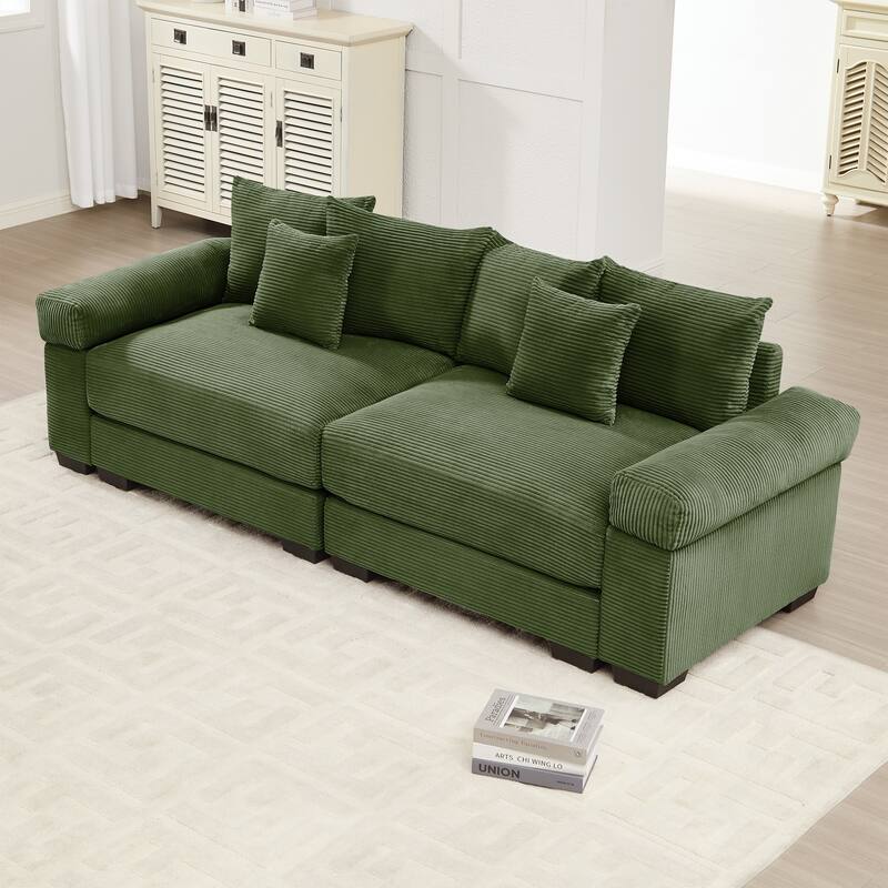 92" Oversized Corduroy Couch for Living Room, Upholstered Loveseat Sofa with Wide Armrests and Throw Pillows for Apartment - Green
