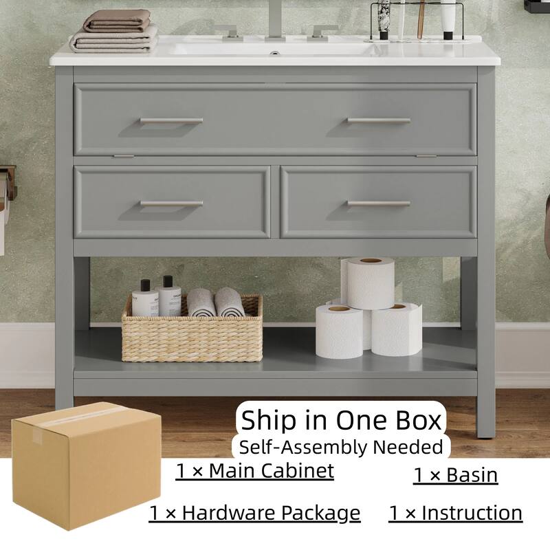 36" Bathroom Vanity with Ceramic Sink, Tip-Out Tray, Full-Extension Drawers, Soft-Close Slides, and Open Shelf