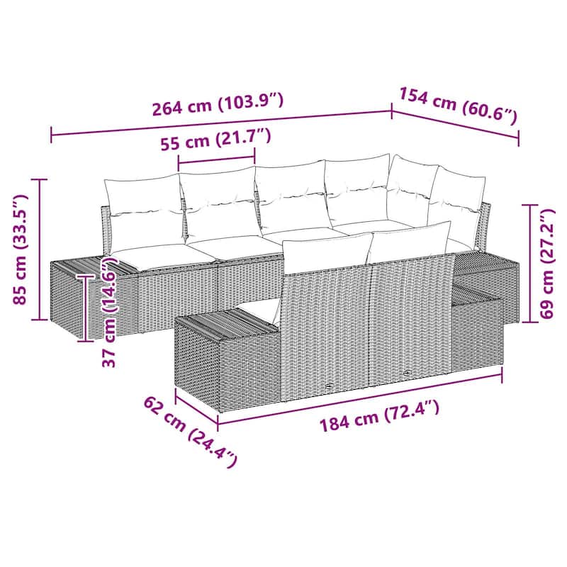 vidaXL 7 Piece Garden Sofa Set with Cushions - 103.9×60.6×27.2