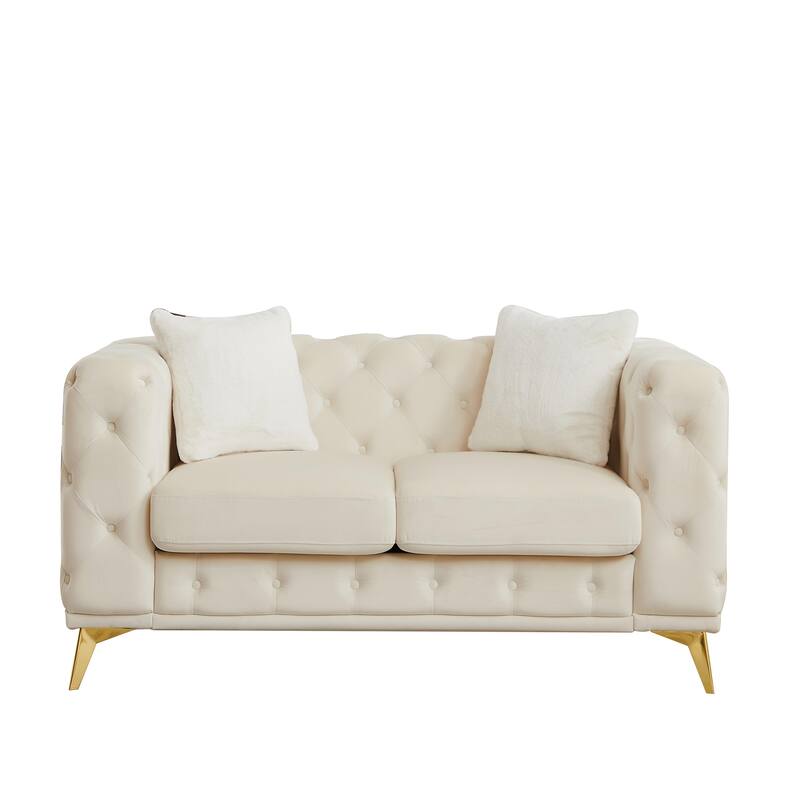 Velvet Chesterfield Loveseat Sofa, Tufted Button Upholstered 2 Seater Sofa, Lounge Sofa Chair with 2 Pillows & Metal Legs