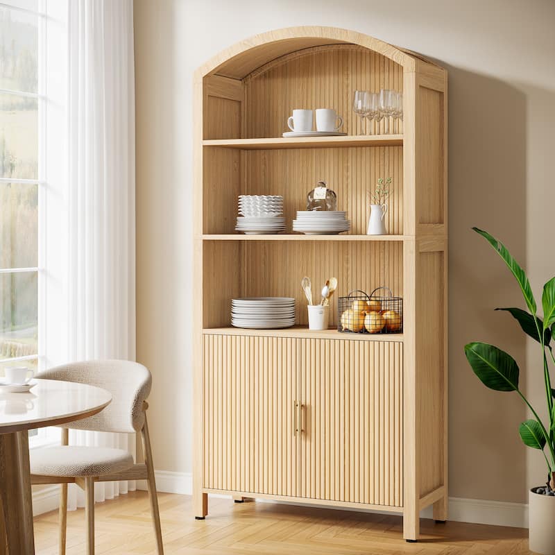 71" Tall Arched Kitchen Pantry Cabinet with Doors - Natural Wood - Natural Wood