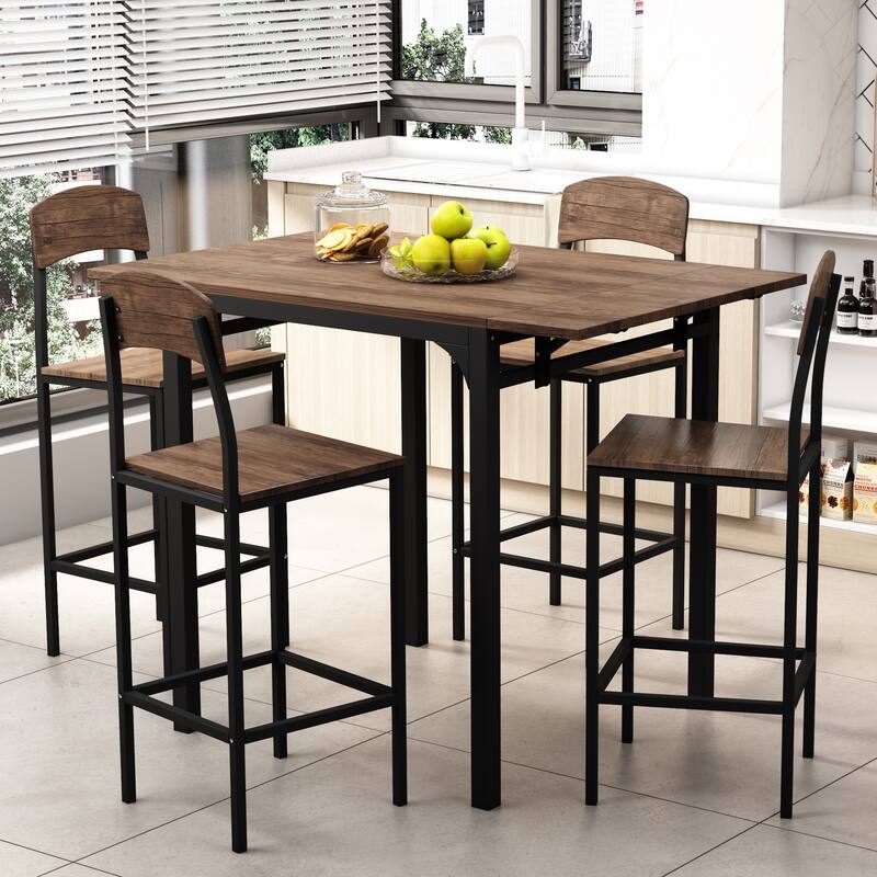 Metal Frame Kitchen Set Drop Leaf Dining Table Set with 4 Chairs