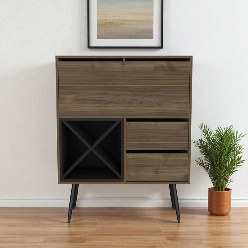 HomeRoots 46" Dark Brown and Black Wood Console Bar Cabinet With Single Door And Two Drawers - Dark Brown
