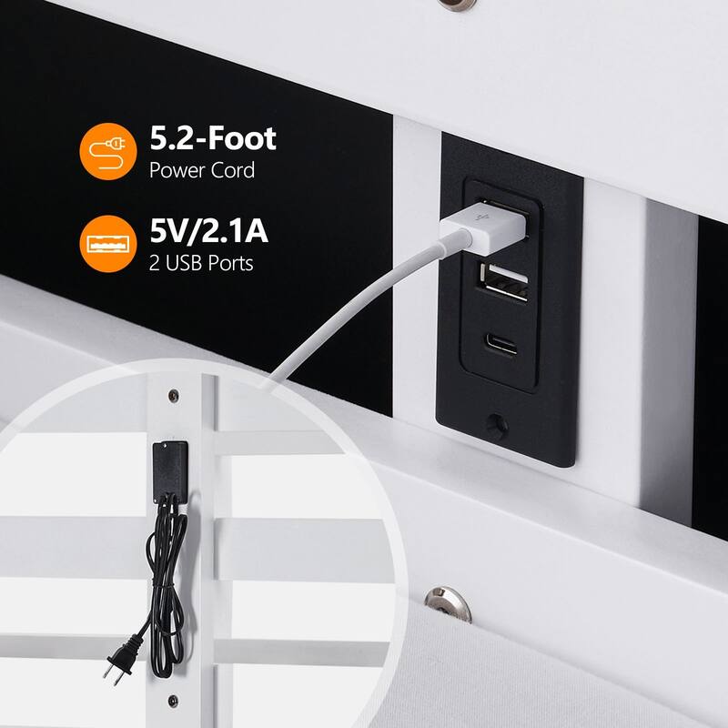 White Twin Over Full Size Bunk Bed with Guardrail, LED Light, Charging Station