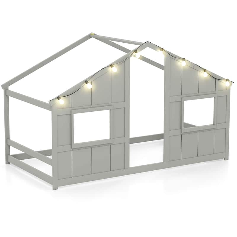 Costway Twin Size House Floor Bed with LED Lights Solid Wood Bed Frame - Grey