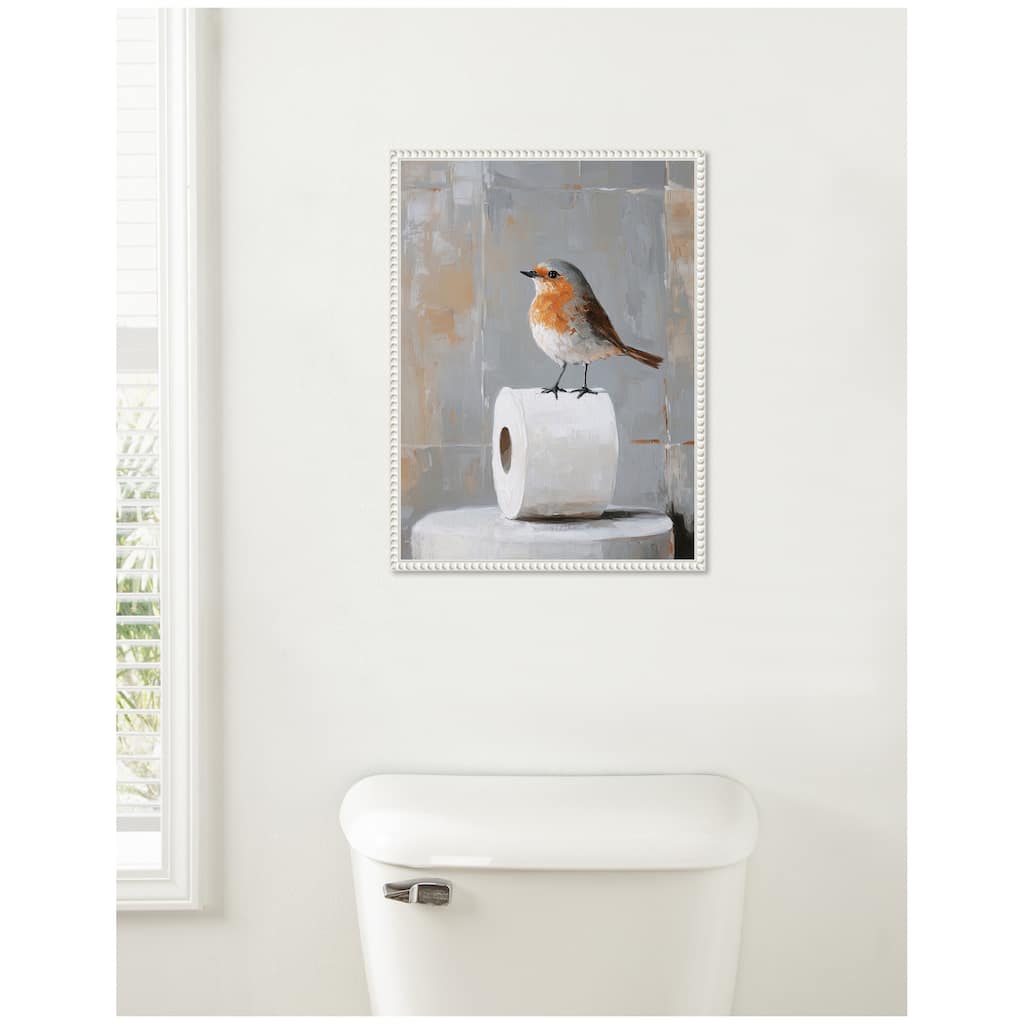 Kate and Laurel Sylvie Bird Standing on Toilet Paper Roll Toilet Bathroom Art Framed Canvas by The Creative Bunch Studio
