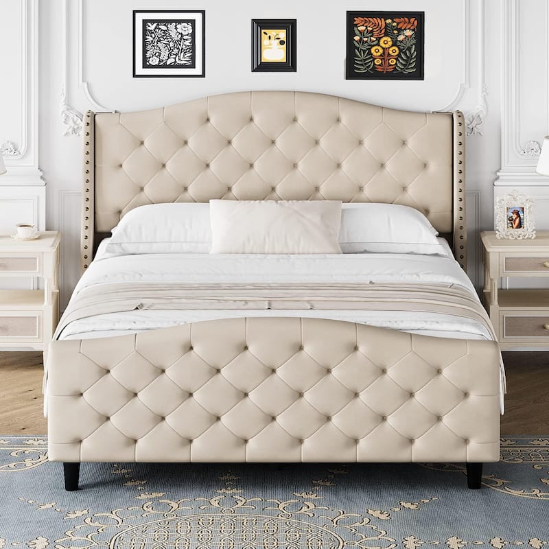 Tufted Upholstered Platform with Headboard and Footboard - Beige - Queen